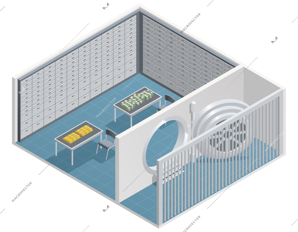 Color isometric design of steel room in the bank vector illustration