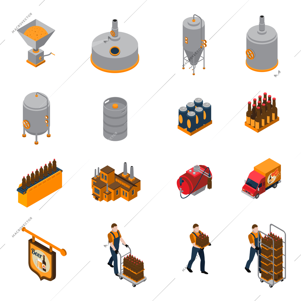 Brewery isometric icons set with beer production and distribution symbols isolated vector illustration