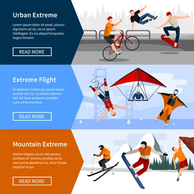 Colorful horizontal banners with people doing extreme sports such as parkour paragliding and snowboarding isolated vector illustration