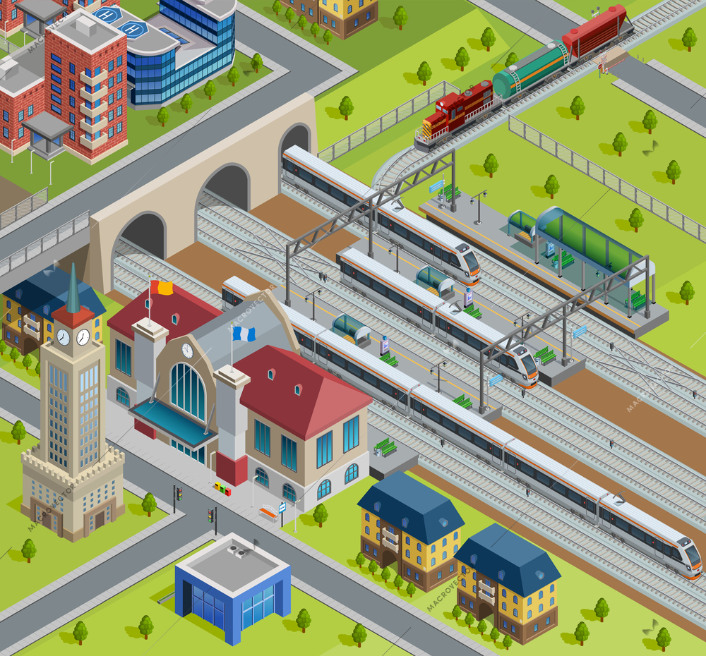 City railway terminal track platform isometric poster with traditional station building and modern passenger trains vector illustration