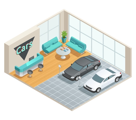 Color isometric design of cars hall with reseption vector illustration