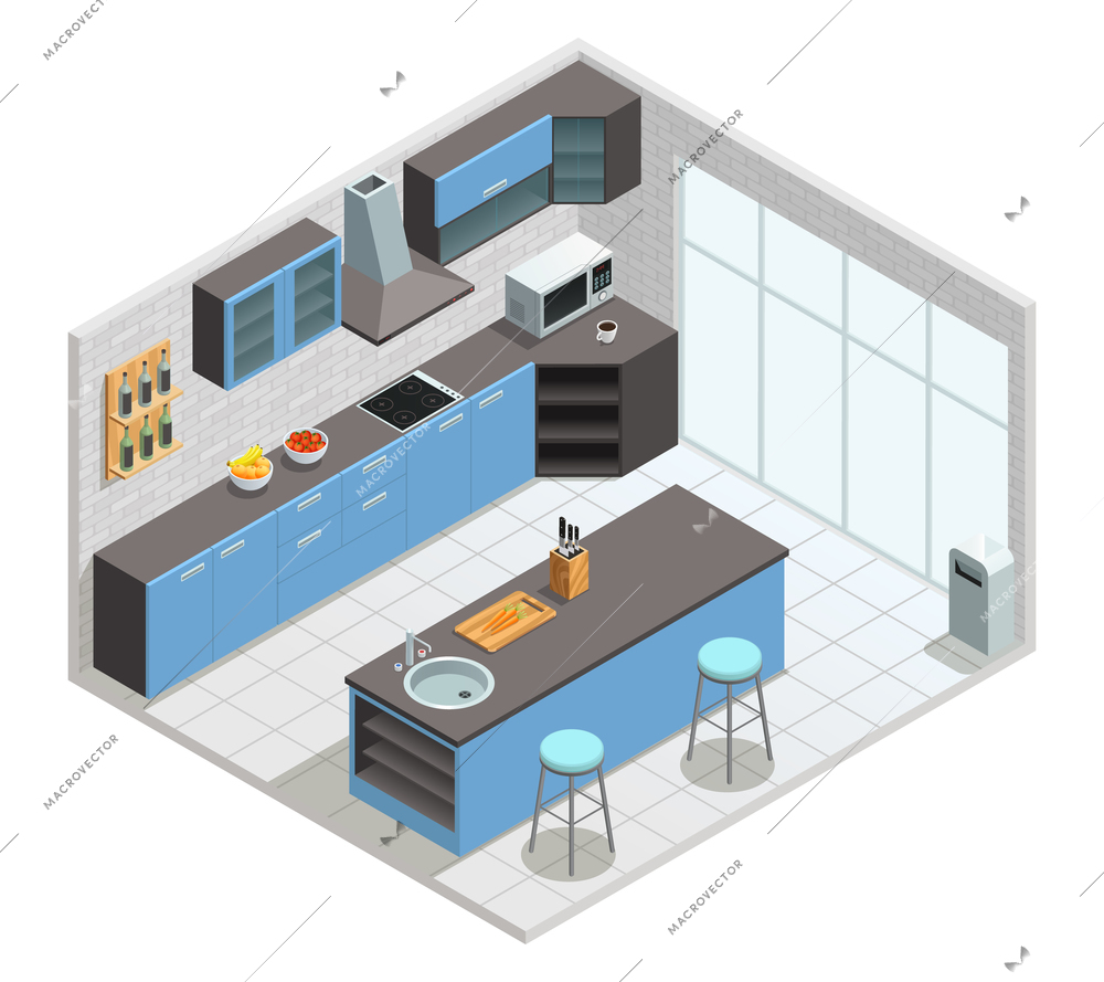 Color isometric concept of kitchen interior with cupboard table and chair vector illustration