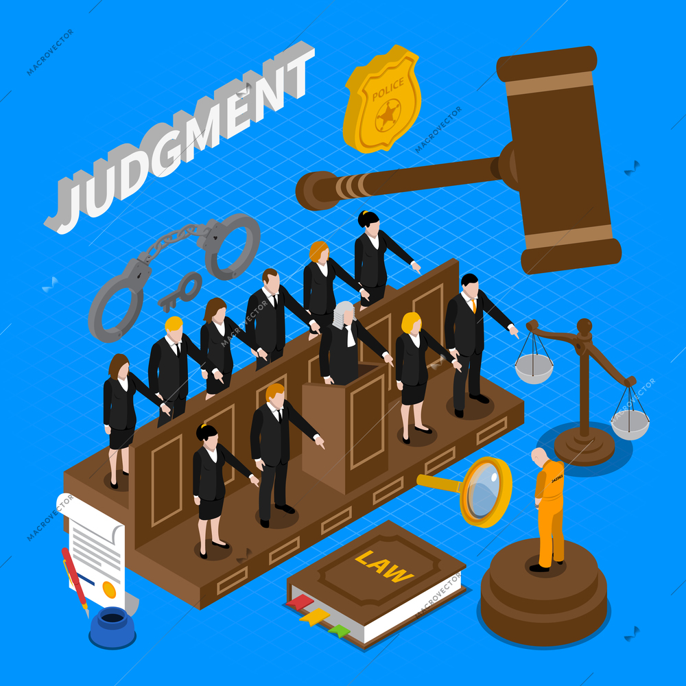 Color isometric composition depicting trial prisoners by jury vector illustration