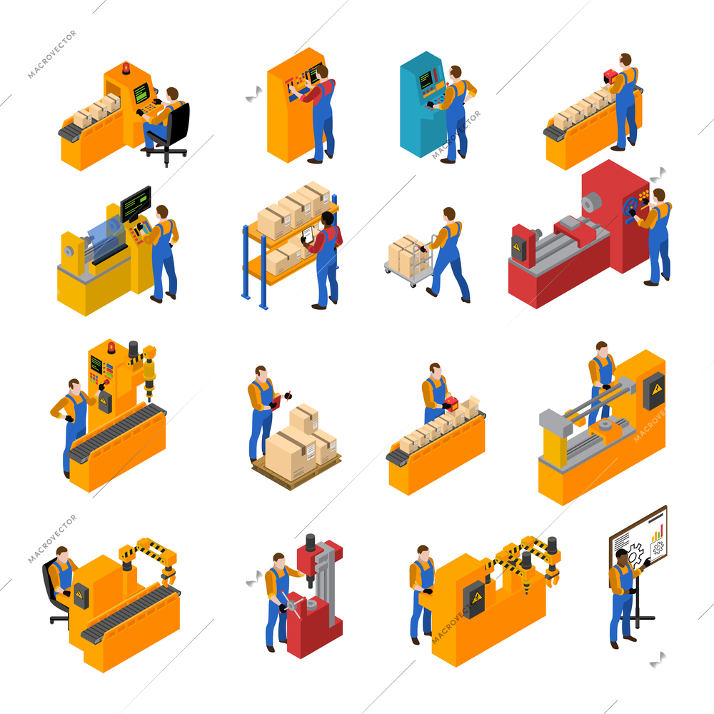 Factory workers isometric icons set with production symbols isolated vector illustration