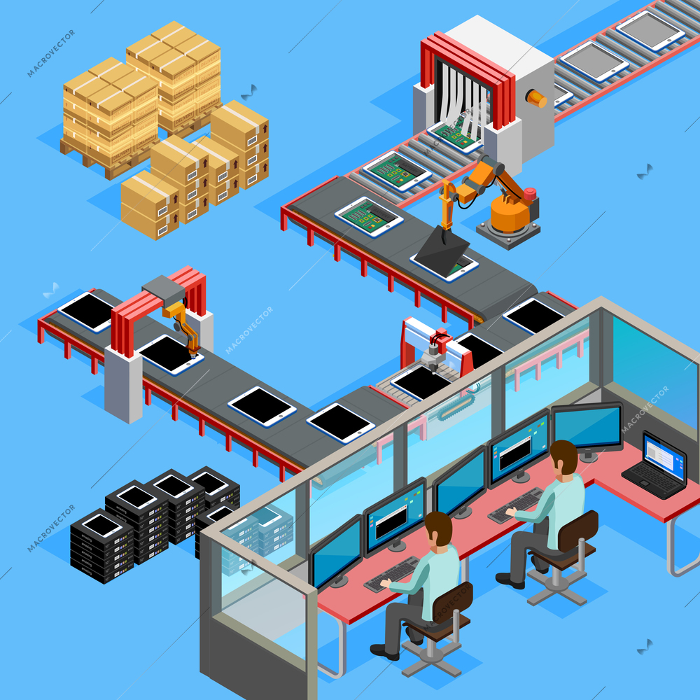Automated belt conveyor production computerized assembling line remotely controlled by two operators isometric poster abstract vector illustration