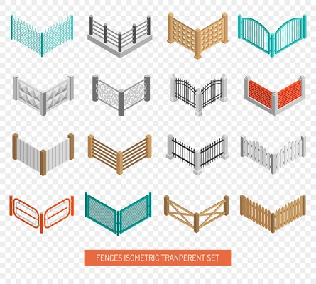 Fences for real estate boundaries from wood and wrought iron isometric icons collection transparent background isolated vector illustration