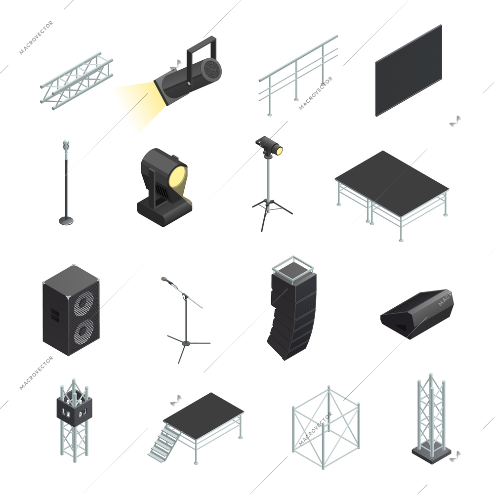 Isometric icons set of stage elements different stands with microphones spotlights speakers and construction isolated vector illustration