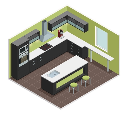 Modern kitchen interior isometric view with counter stove range cooker oven  shelves refrigerator and cabinets vector illustration