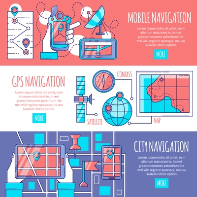 Navigation horizontal banners set with design compositions of mobile and gps services for city routing flat vector illustration