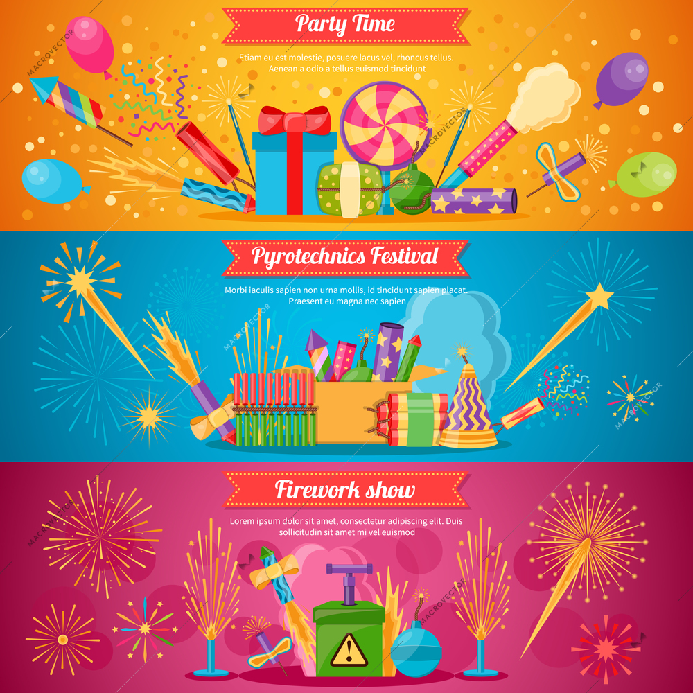 Horizontal flat pyrotechnics festival isolated banners with colorful crackers and balloons for firework show vector illustration