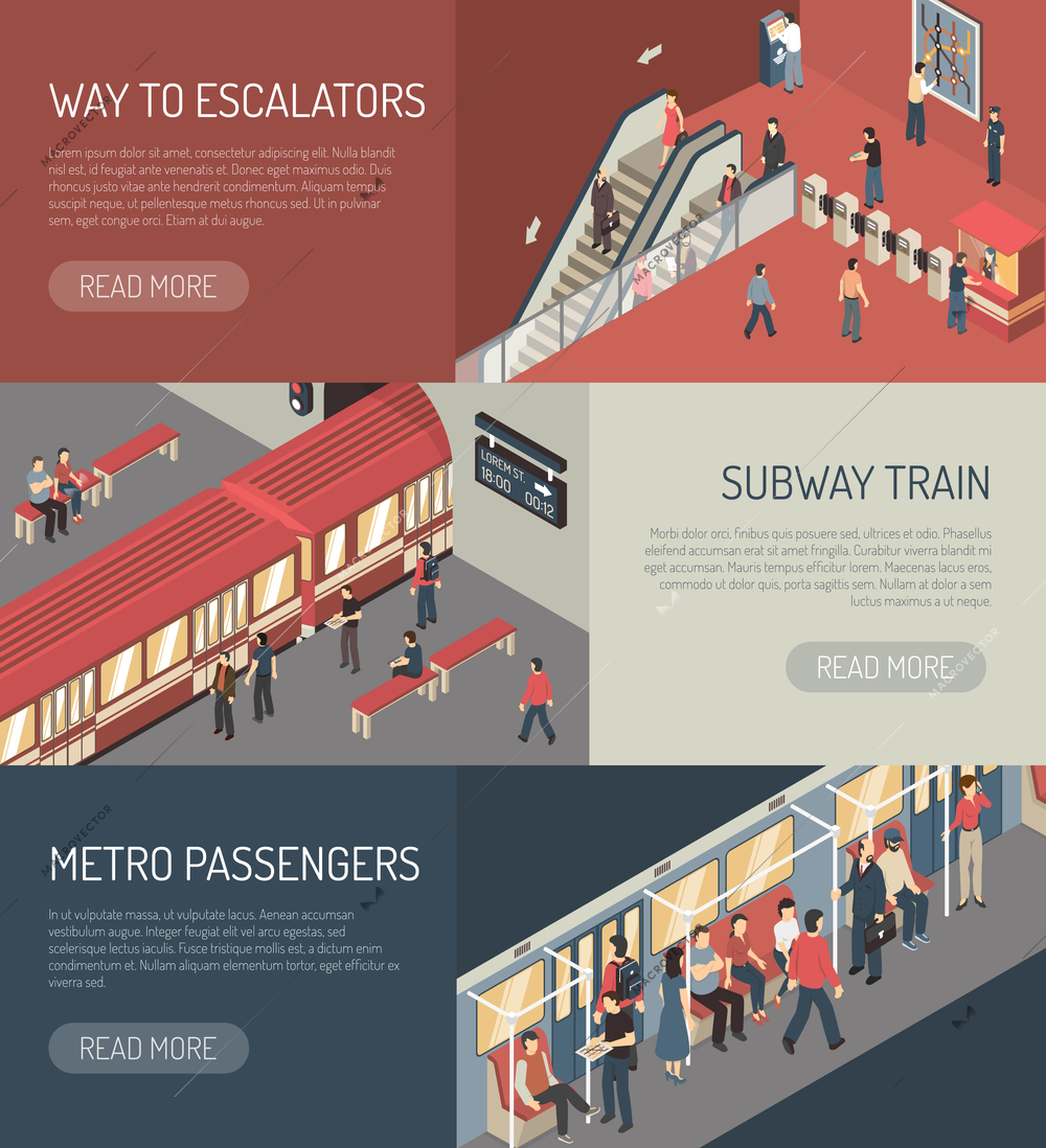 Underground railway subway system webpage 3 isometric banners design with metro passengers on escalator isolated vector illustration