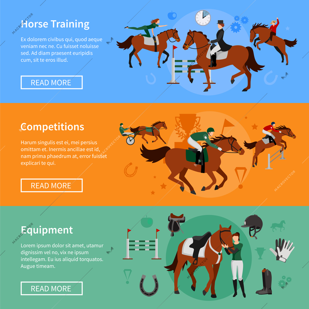 Horse rising sport horizontal banners with elements of ammunition and riders employed in horse training and competitions vector illustration