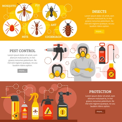 Pest control horizontal banners with insects icons repellent spray cans collection exterminator in protective equipment and uniform flat vector illustration