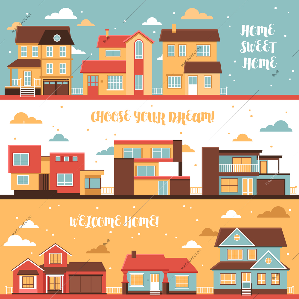 Cottage and village houses horizontal banners in cartoon style on cloud sky background flat vector illustration