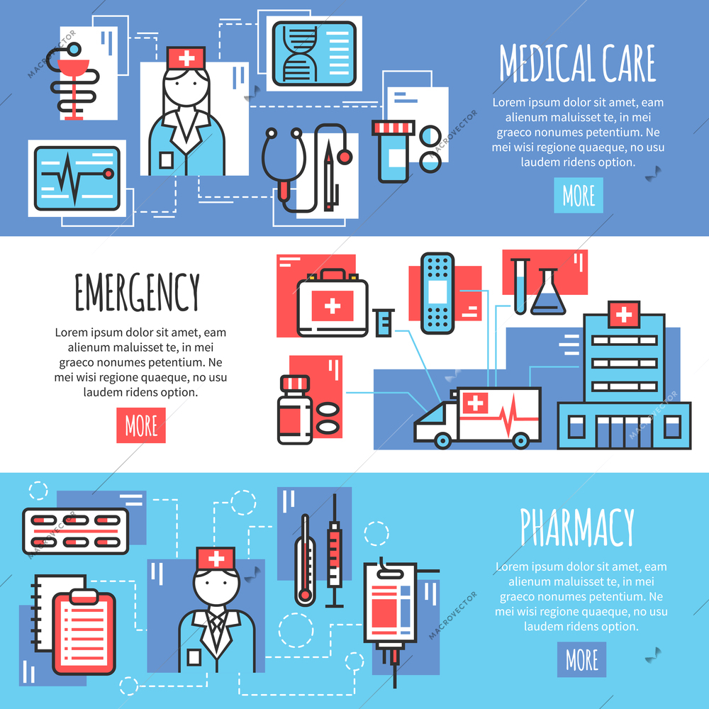 Medical horizontal banners with emergency pharmacy and medical care line icons compositions flat vector illustration