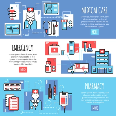 Medical horizontal banners with emergency pharmacy and medical care line icons compositions flat vector illustration