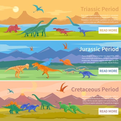 Dinosaurs flat horizontal banners set of design backgrounds with groups of giant ancient pangolins lived millions years ago vector illustration