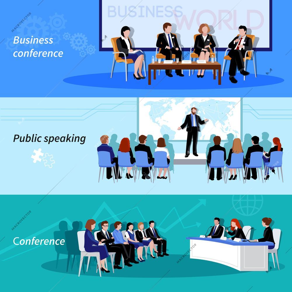 Business conference public speaking 3 flat horizontal vectors set with whiteboard result presentations abstract isolated vector illustration