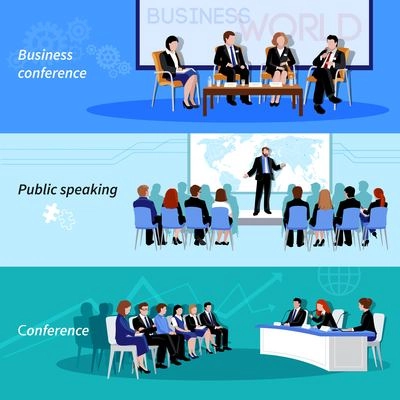 Business conference public speaking 3 flat horizontal vectors set with whiteboard result presentations abstract isolated vector illustration