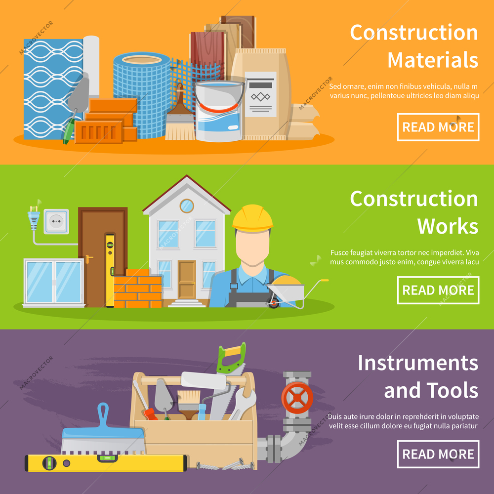 Horizontal construction materials works instruments and tools flat banners isolated vector illustration