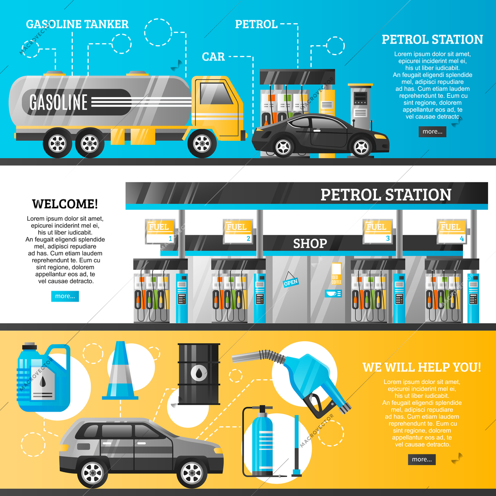 Petrol station flat horizontal banners with refuelling stands cars shop filling gun gasoline track icons vector illustration