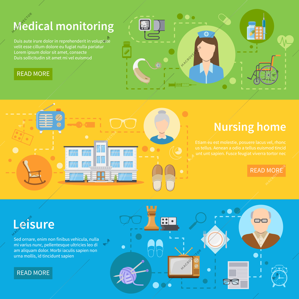 Elderly care in nursing home horizontal banners with tools for medical monitoring and free time elements flat vector illustration