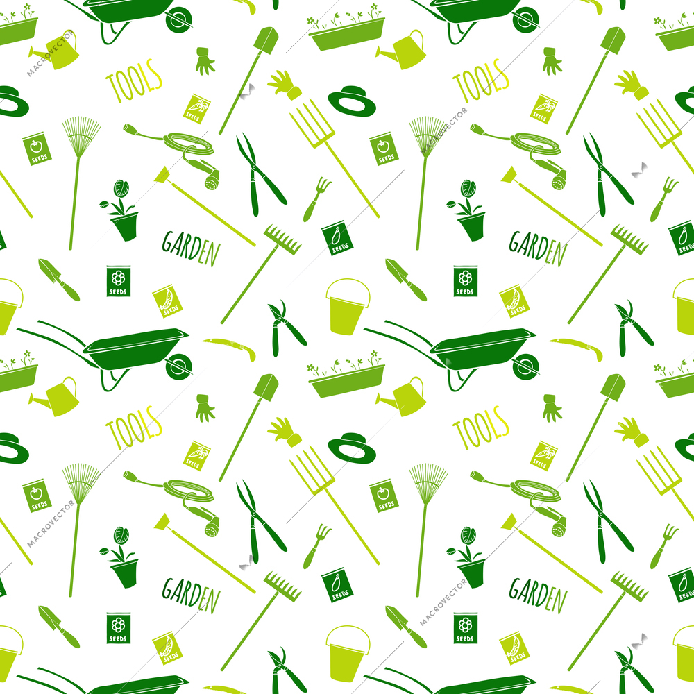 Decorative garden tools seamless wallpaper green on white converted pattern vector illustration