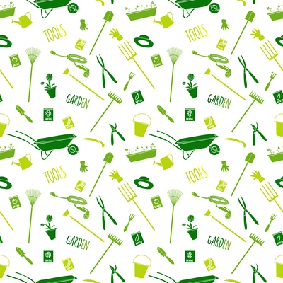 Decorative garden tools seamless wallpaper green on white converted pattern vector illustration