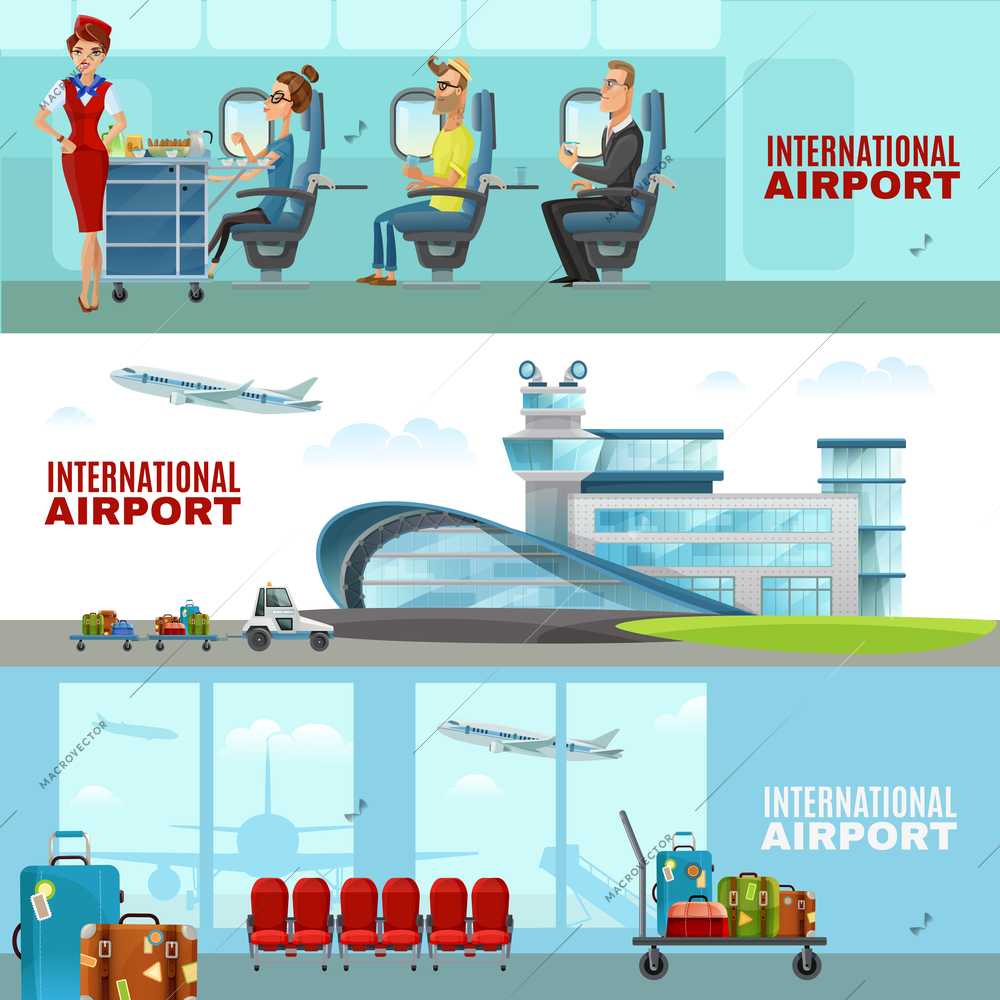 International airport horizontal banners  with waiting room interior and stewardesses and passengers in aircraft cabin flat vector illustration