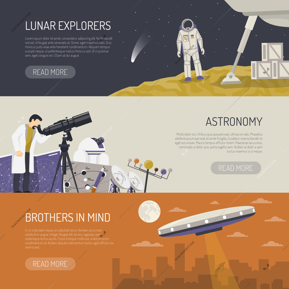 Astronomy horizontal banners set of lunar explorers observatory equipment for space research and ufo images flat vector illustration