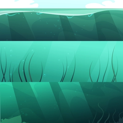 Ocean blue green water 3 horizontal banners set with light rays and seaweeds abstract isolated vector illustration