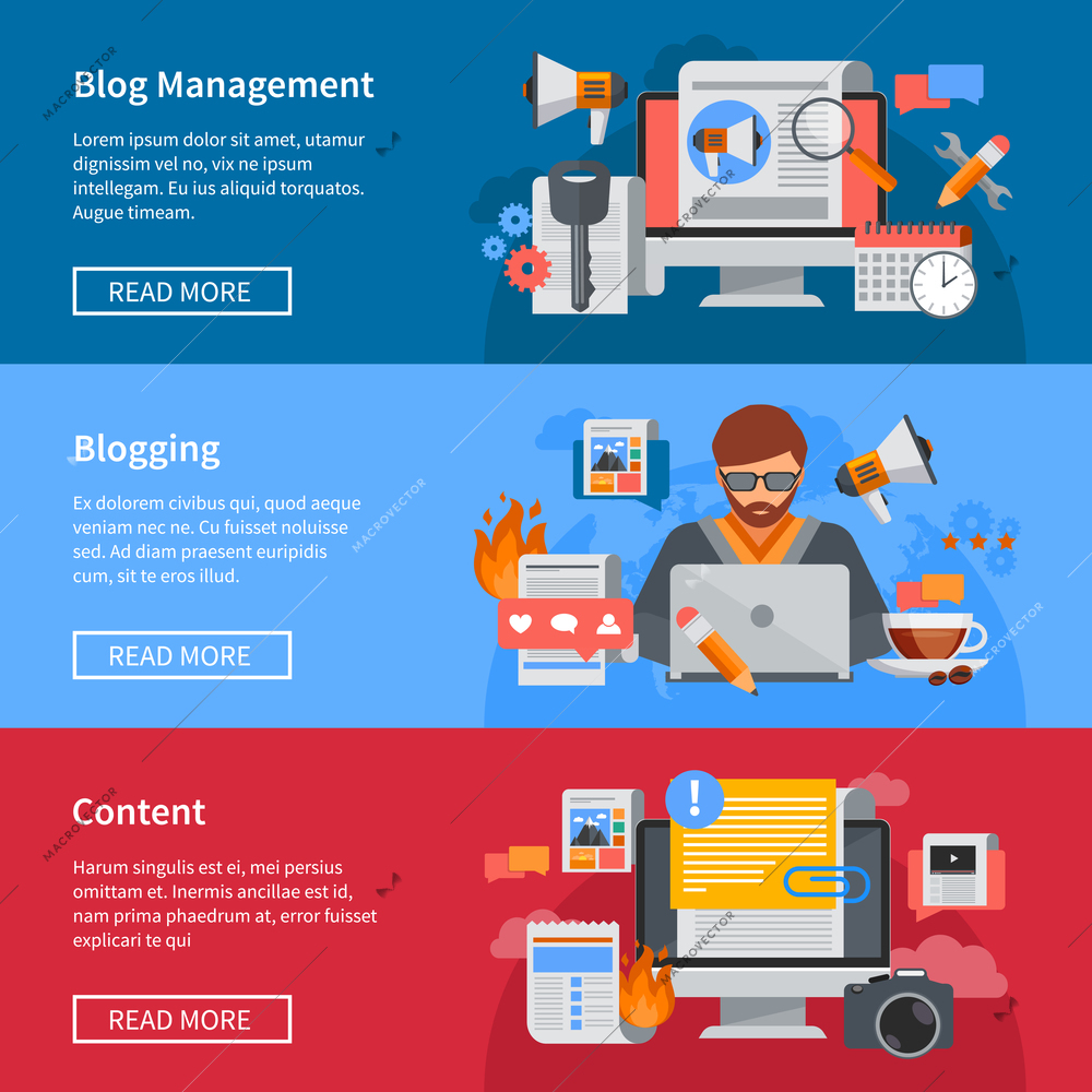 Horizontal blogging and blog management flat banners with blogger sharing content isolated vector illustration