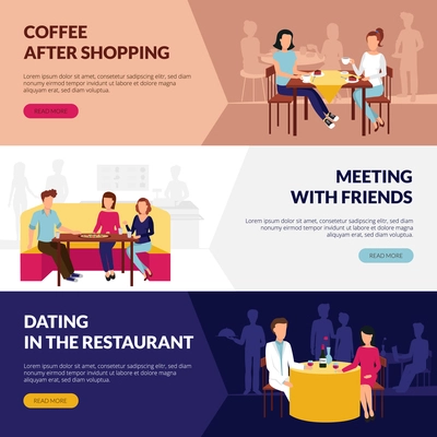 Information on restaurant service 3 flat banners webpage design with coffee bar dating abstract isolated vector illustration