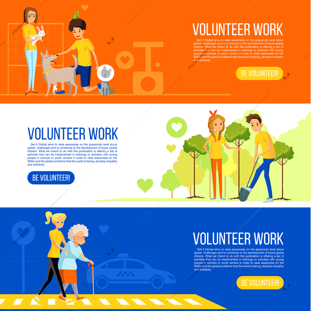 Gardening and active social work and care for the elderly and animals long cards vector illustration