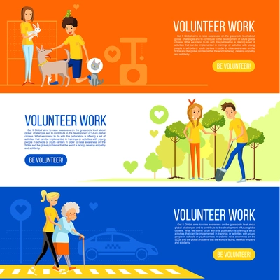 Gardening and active social work and care for the elderly and animals long cards vector illustration