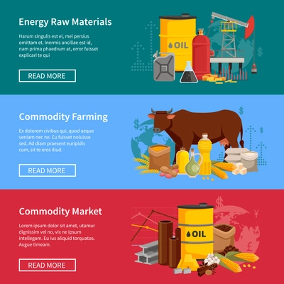 Commodity flat horizontal banners set with energy raw materials commodity farming and  commodity market design compositions vector illustration