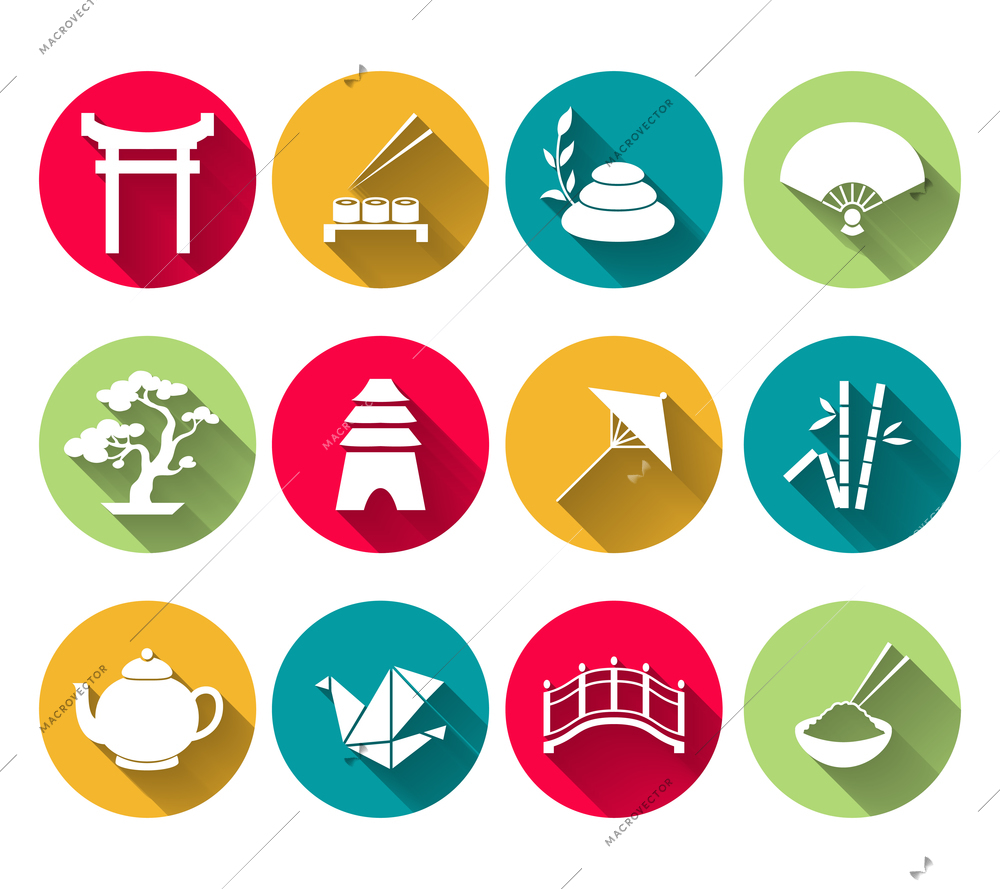 Japanese symbols icons set of sushi bamboo rice tea pot vector illustration