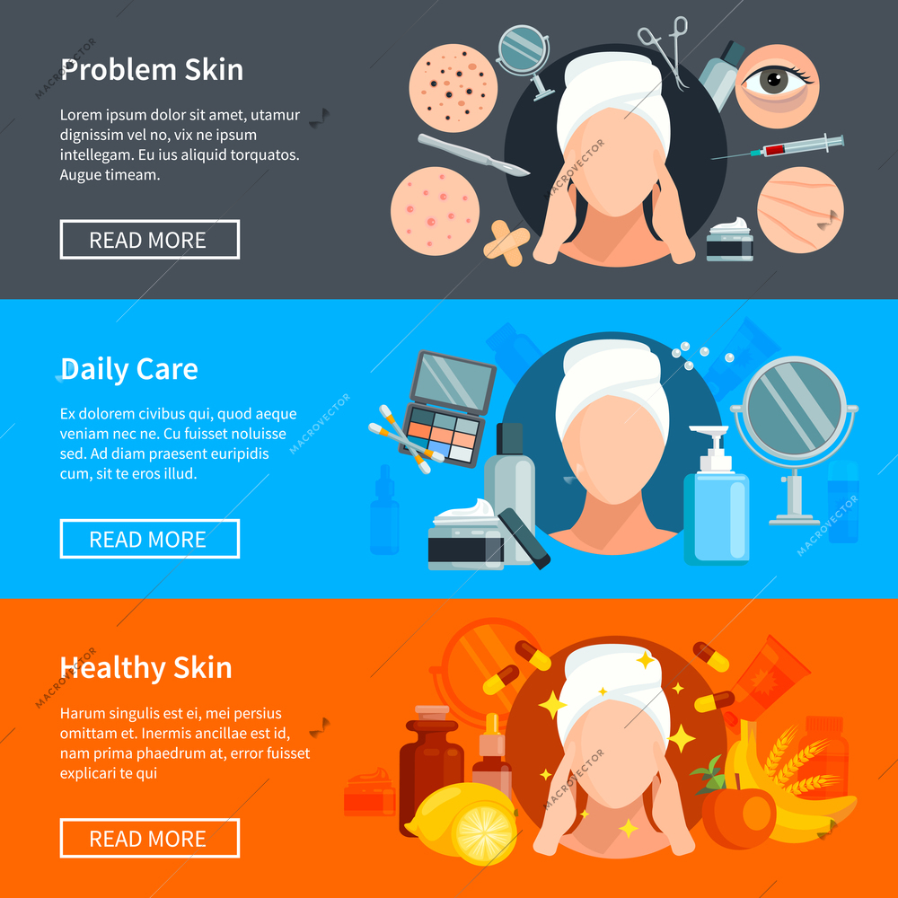 Skin care flat horizontal banners with problem skin treatments daily cosmetics and healthy skin design elements vector illustration