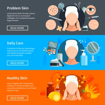 Skin care flat horizontal banners with problem skin treatments daily cosmetics and healthy skin design elements vector illustration