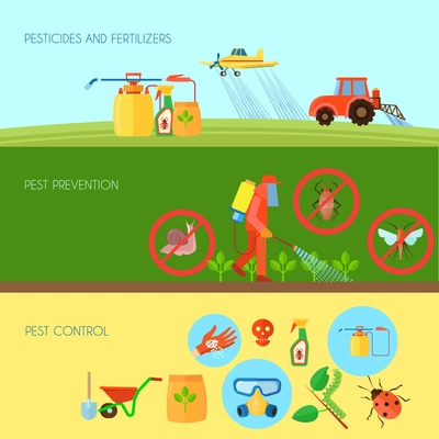 Pesticides and fertilizers horizontal banners set with pest control symbols flat isolated vector illustration