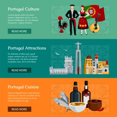 Horizontal flat banners presenting elements of portugal culture attractions and cuisine isolated vector illustration