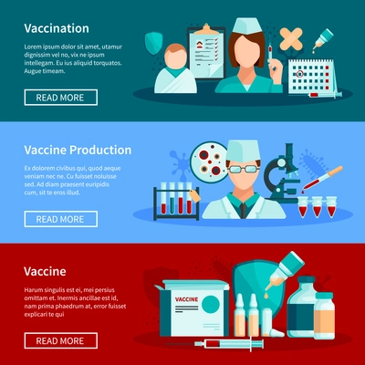 Vaccination flat horizontal banners with vaccine production children vaccination  and set of ready to use vaccine products design compositions vector illustration