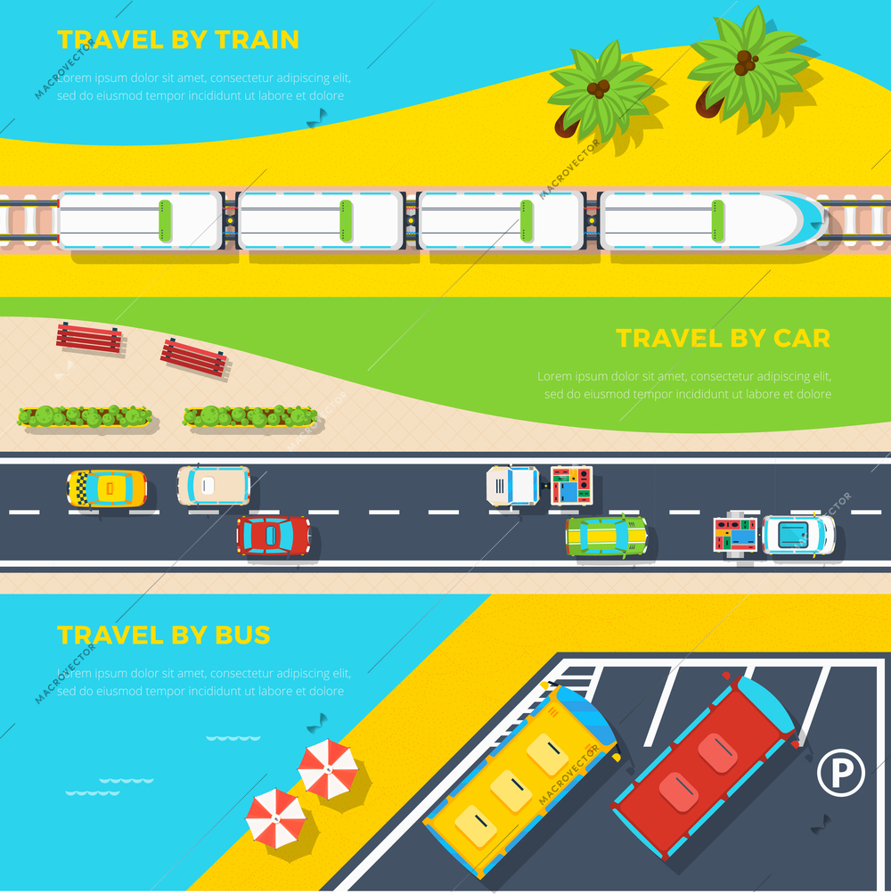 Top view horizontal banners of three ways to travel by train car and bus flat vector illustration