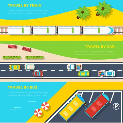 Top view horizontal banners of three ways to travel by train car and bus flat vector illustration