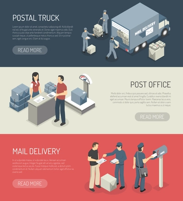 Post office mail orders delivery online service 3 isometric horizontal banners webpage design abstract isolated vector illustration