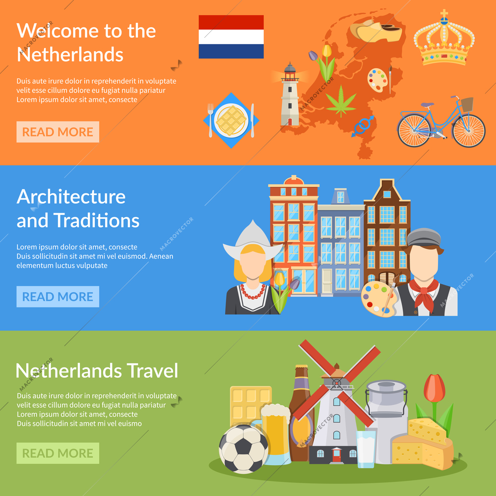 Horizontal colorful netherlands travel flat banners with map dutch national symbols costumes cuisine and architecture isolated vector illustration