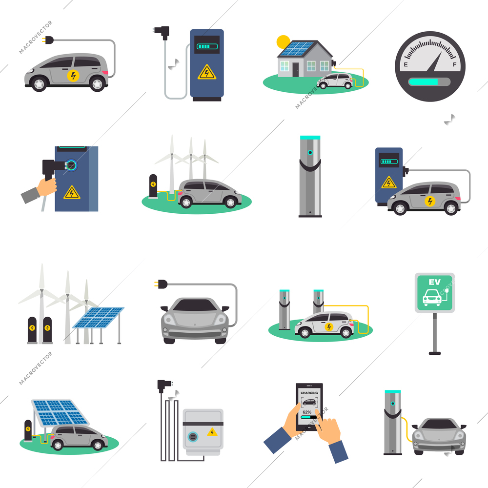 Electric car charging public network service stations and individual recharging points flat icons collection isolated vector illustration