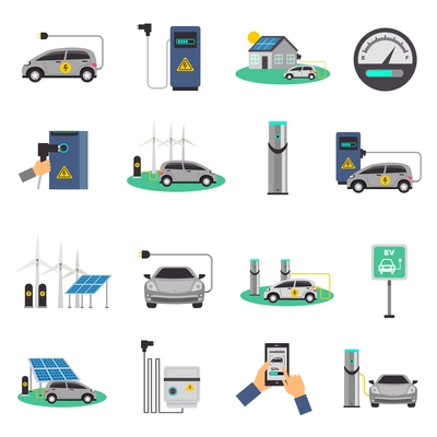 Electric car charging public network service stations and individual recharging points flat icons collection isolated vector illustration