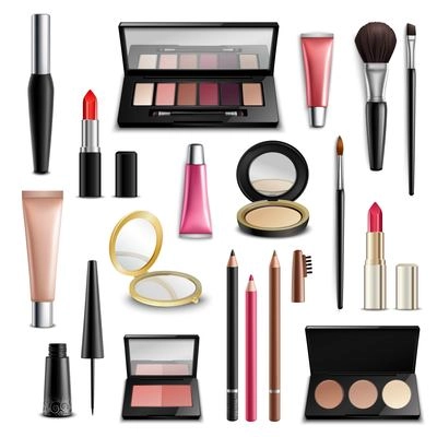 Makeup cosmetics beauty case accessories realistic items collection with lip gloss compact powder and eyeliner isolated vector illustrations