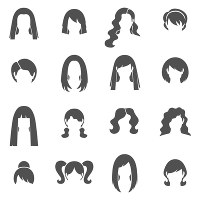 Woman hairstyle black white icons set with bun and ponytail flat isolated vector illustration